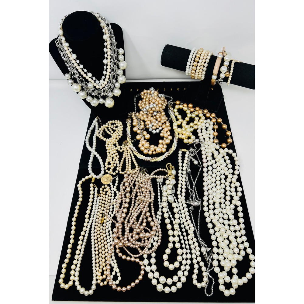 Vintage to Modern Pearl Necklace & Bracelet Gold & Silver Tone Beaded Lot of 29